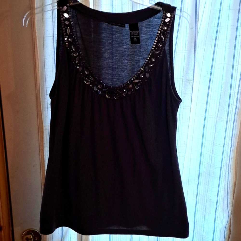 Cute gray tank top embellished with jewel & sequin neckline